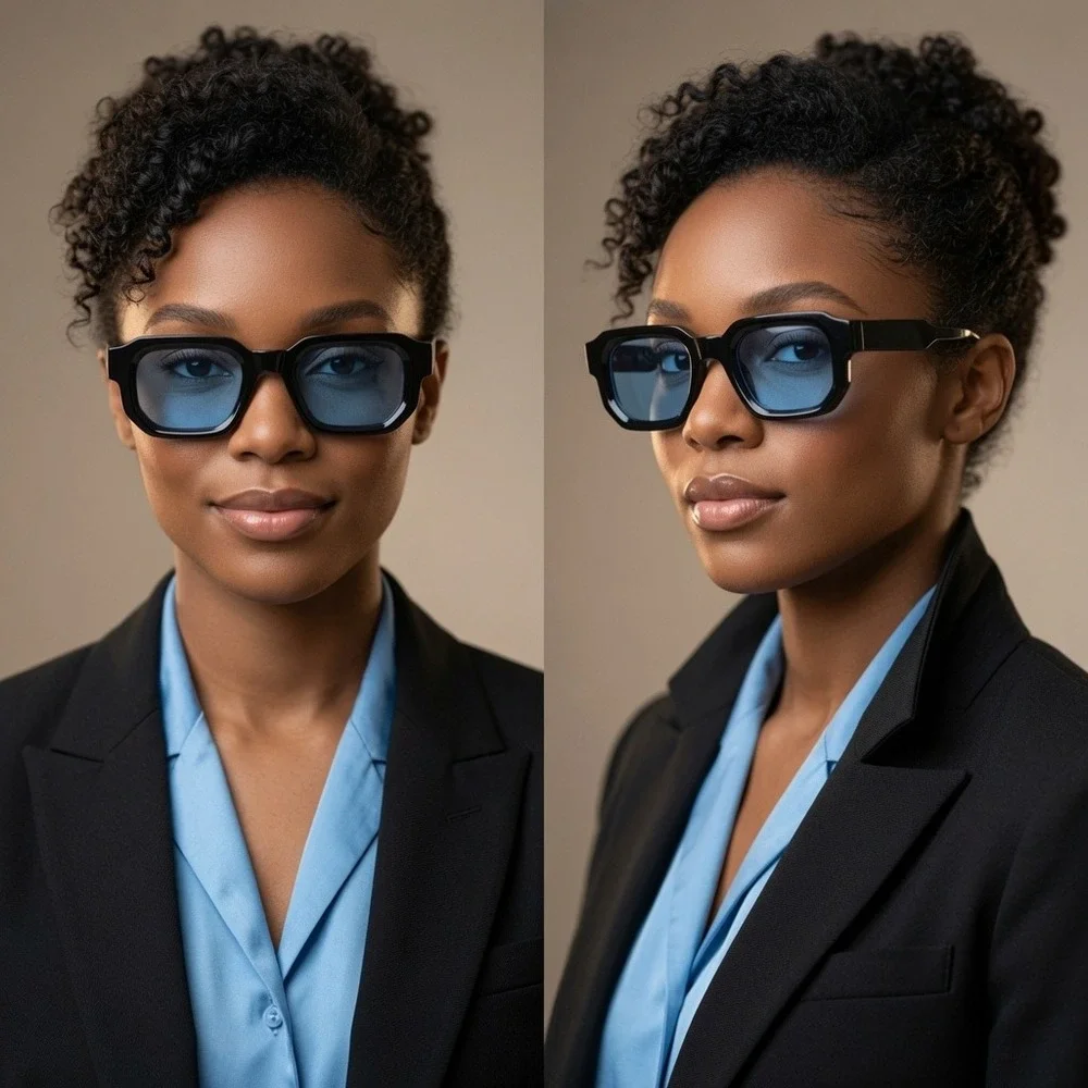 Womens Black Chunky Square Sunglasses Blue Tinted Lens Retro Geometric Eyewear